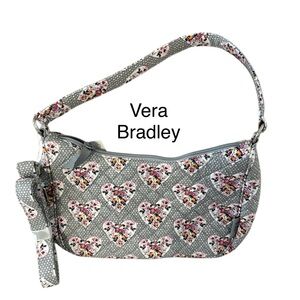 Vera Bradley Frannie Crescent Floral Heart Patterned Gray Shoulder Bag. New!